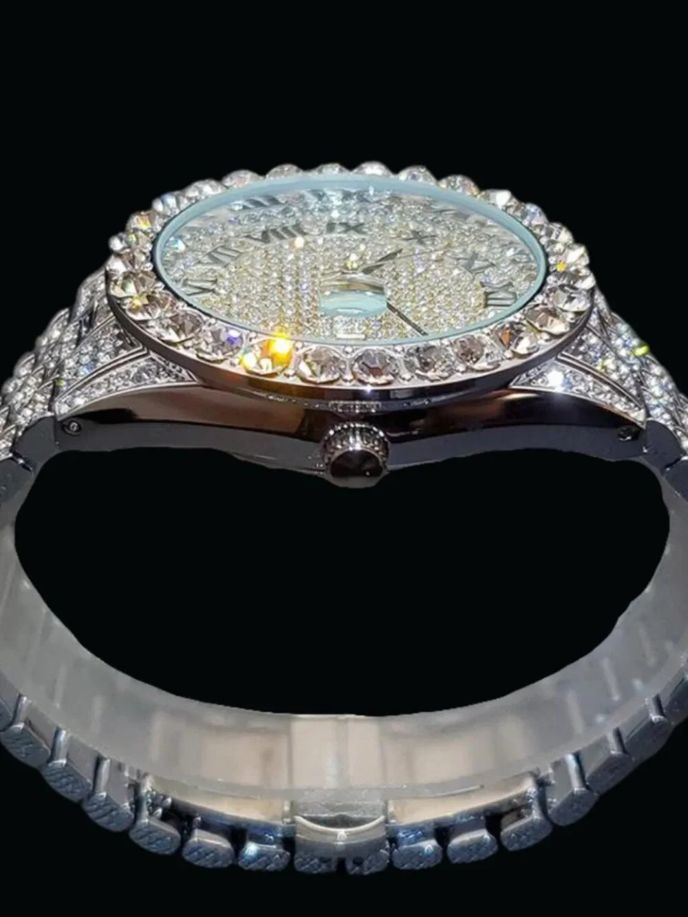 Silver Color Bling Tennis Body Roman Numerals Iced Out Diamond Watch, Hip Hop